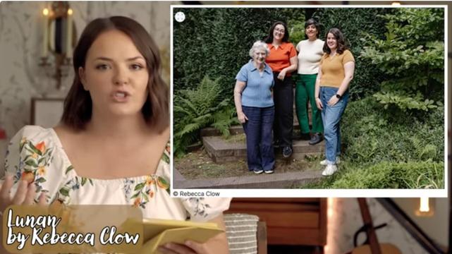 Nora a young anglo woman in a flowery dress and an insert photo of 4women wearing summer tops