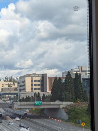 A view of Overlake Hospital from the bridge above I-405