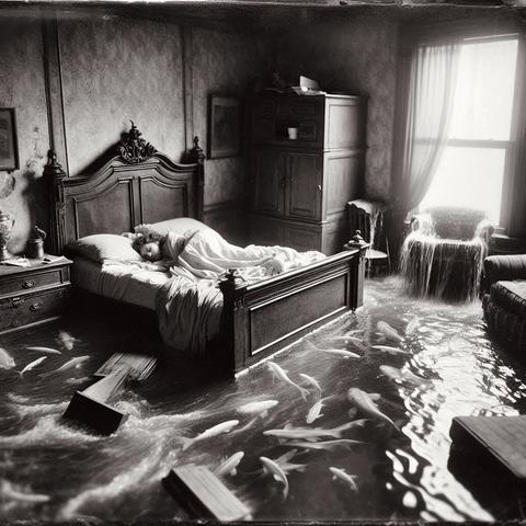 The image depicts a flooded bedroom with fish swimming around. A person is asleep in the bed, seemingly unaware of the water and fish. The room is furnished with a bed, nightstand, dresser, chair, and a window, all partially submerged.