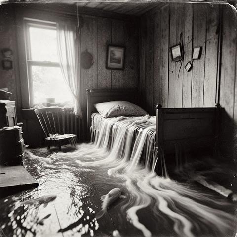 The image shows a room with water flowing from a bed, with fish swimming on the floor. The room has wooden walls, a window with curtains, a chair, and a dresser. There are several framed pictures on the wall. The water appears to be flowing like a waterfall, creating waves and movement throughout the room.