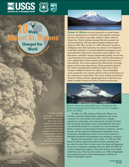 screenshot of the first page of the USGS 2020 paper "Ten Ways Mount St. Helens Changed Our World—The Enduring Legacy of the 1980 Eruption"