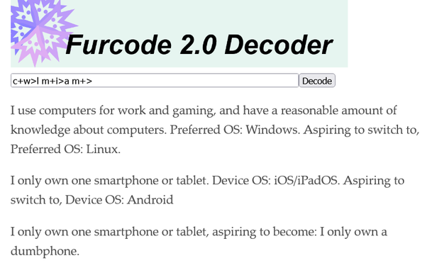 Furcode 2.0 decoder screenshot demonstrating that an angle bracket between two types of operating system now correctly puts "Aspiring to switch to" in between the OSs, but you can also still aspire to become somebody who only owns a dumbphone