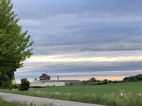 Landschaftspanorama mit Straße vorn mit Baum, weiter hinten ein Landhandel mit Silogebäude und hinter Feld und Bäumen etwas orange. darüber Wolkenstreifen.