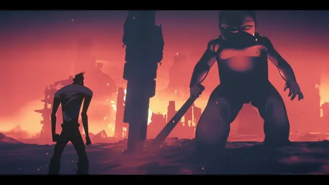 A still from episode 4 of the 4th season of Love Death and Robots, entitled 400 Boys. It's an cartoon animated piece, in an apocalyptic future after nuclear war where demons in the form of monstrous Giant 20 foot tall Babies roam and smash everything they see. A lone human gang member faces one by himself against a backdrop of a burning, shattered, skeletal city.