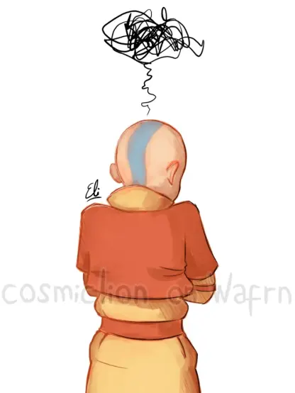 Digital fully rendered illustration of Aang from Avatar: The Last Airbender, drawn from the waist up. He is turning his back on the viewer, hunching his shoulders and crossing his arms in an angry posture. There is black scribble above his head to indicate his irritation. The background is white.