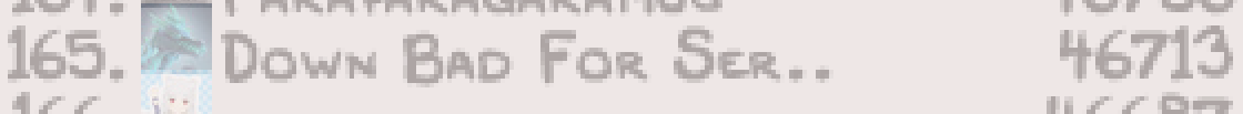 Binding of Isaac daily run leaderboard, cropped to show "Down Bad For Serperior" at 165th place with 46713 points.