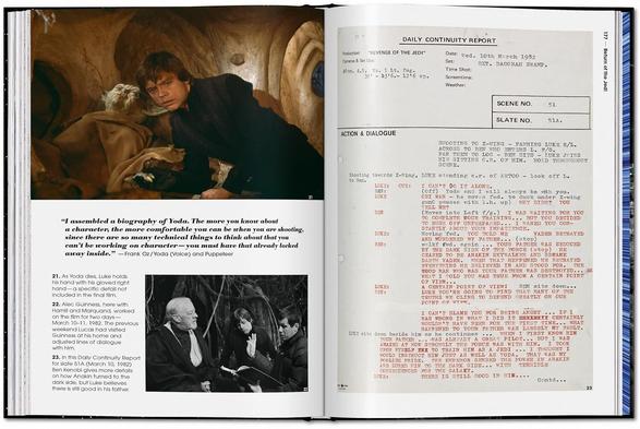 Extrait du livre en anglais, avec une photo de Luke et Yoda et une d'Obi-Wan Kenobi, Luke et Richard Marquand le réalisateur, sur la page de gauche.
Sur la page de droite une copie d'un rapport de continuité.