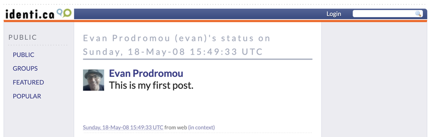 a screenshot of Identi.ca showing the first ever fediverse post