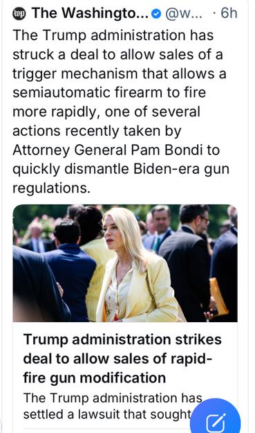 @ The Washington Post The Trump administration has struck a deal to allow sales of a trigger mechanism that allows a semiautomatic firearm to fire more rapidly, one of several actions recently taken by Attorney General Pam Bondi to quickly dismantle Biden-era gun regulations.  Trump administration strikes deal to allow sales of rapid- fire gun modification The Trump administration has settled a lawsuit that sough@