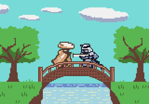 Two warriors confront one another in a picturesque location.  Rendered in blue, green, and brown pixels.