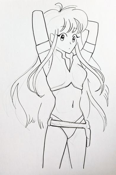 pencil sketch and pen line art of a woman holding her arms over her head. she's wearing a sorta skimpy, vaguely sci-fi crop top and bikini bottom