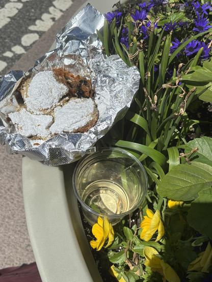 A huge planting container in the street, between traffic and the bike lane. I was using it as a flowerful table of sorts. Seen are my glass of sparkling wine and my fried Oreos, between yellow and purple flowers.