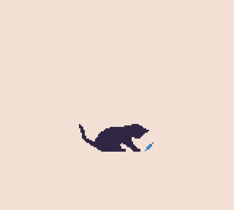 Simple pixelated silhouette of a cat inspecting their catch....  Rendered in black and blue and eggshell pink.