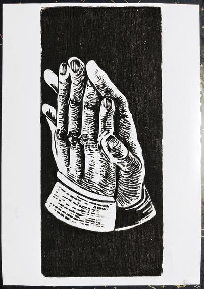 Woodcut print of Aziraphale's and Crowley's hands during the dance scene. 
The palms touch softly, held upright. The paper is white, black ink. The hands are light, cut off at the wrists and the background solid black but a bit of the grain is visible in the paint. A bit of their coat/jacket is shown.