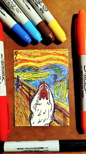 Marker drawing parodying "The Scream" by Edvard Munch, replacing the famous screaming figure of the original with Camilla the Muppet chicken. She stands holding her wings to her face and screaming while a shadowy figure of Gonzo approaches from the distance, and the scene is the swirling seaside and tumultuous swirling sky of the original. The drawing is signed with my "RV" signature glyph and dated 5-18-25. The red, blue, turquoise, brown, yellow, orange, and black markers used to draw the image rest on the table surrounding the card.