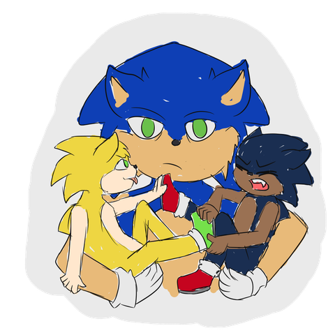 A tired looking Sonic holding two hoglets, one in each arm. The one on the left is golden like Super Sonic and is intentionally kicking the one on the right who is a dark blue like Dark Sonic and is yelling.
