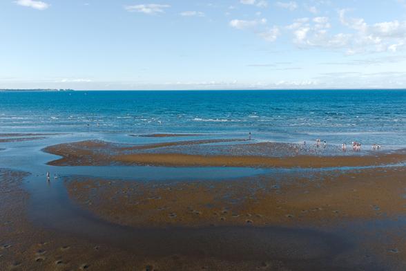 Aerial shot of the Sandgate foreshore, taken from the shore, looking out across the beach to the water.