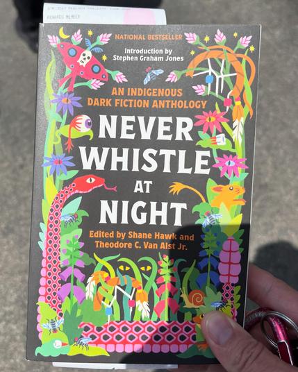 A human hand holds a paperback copy of the “indigenous dark fiction anthology” Never Whistle at Night, which is edited by Shane Hawk and Theodore C. Van Alst Jr., and has an introduction by Stephen Graham Jones; the cover design is pleasingly colorful and depicts various types of plants and animals against a black background