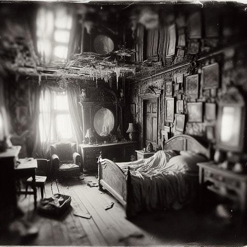 Monochrome, wide-angle photo of a ruined bedroom. The ceiling reflects the room like a still pool. Centrally composed, the room features a bed, dresser with mirror, and armchair. Light streams through a window on the left. Heavy vignetting darkens the edges, adding to the atmosphere of decay and surrealism.