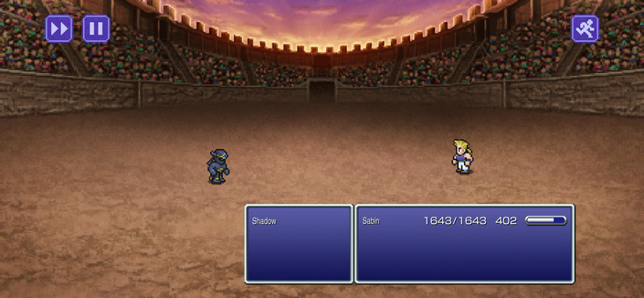 The screen shows a vintage 2D game scene. In the foreground, there are two main characters facing each other at an elevated position above what appears to be a castle or fortress. Both characters have distinctive clothing and armor styles, suggesting they might be from different factions or roles within the game. On the left side of the screen is an interface bar with health and mana bars for both characters, indicating their current combat status. The background depicts a large stone structure under a dramatic sky, likely representing the location where the battle between these characters is taking place. The perspective appears to be first-person viewpoint.