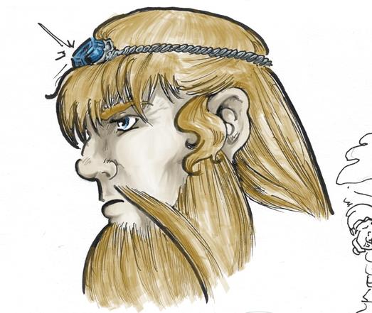 A male bearded dwarf with a grey pallor and sullen expression. His hair color is dirty blonde. He wears a silver diadem with a blue gem that matches his eyes.