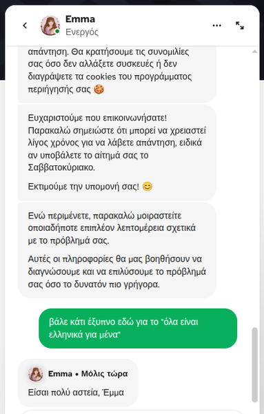 A conversation with a Modrinth Support representative entirely in Greek
