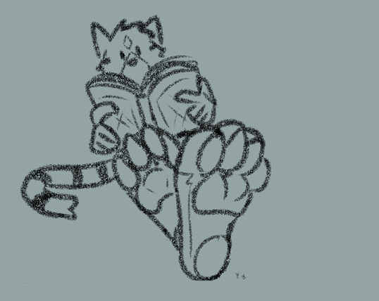 pinball seated paws up reading some book, with two dots of micros near his paws in the obligatory size shenanigans move