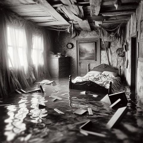 Monochrome, wide-angle shot of a flooded bedroom. The composition is centered, with a low vantage point emphasizing the water-logged floor and the height of the room's decay. The contrast highlights textures of the water's reflections, damaged walls, and decaying wooden elements. The depth of field is shallow. The focal point is the bed.