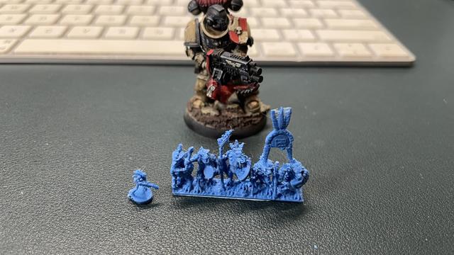 Five 10mm lizardfolk warriors from Forest Dragon, and a 6mm Kroot Warrior proxy.

All printed in matte blue PLA, with a Primaris Intercessor and Magic Keyboard for scale.