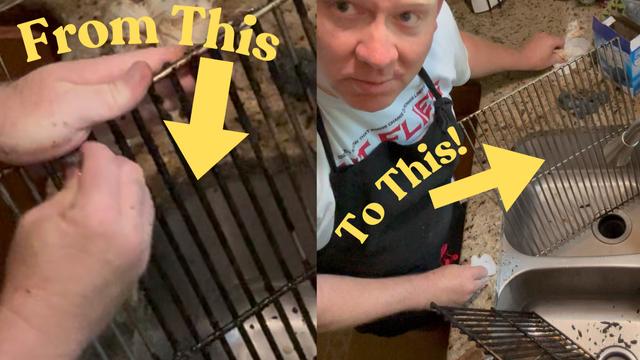 The image shows a before-and-after cleaning of a grill rack. On the left, the rack is dirty with residue, while on the right, it is clean and placed next to a sink, with a person wiping a surface nearby. Text arrows indicate