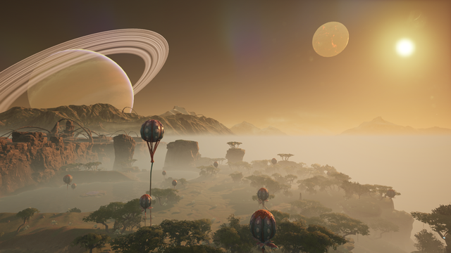 A mist-covered landscape with strange plants and alien sky.