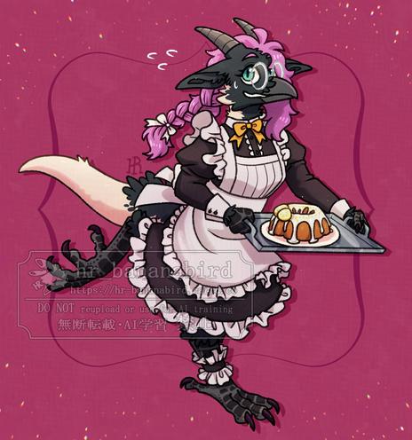 Digital art of a hooded crow/kobold hybrid with black & white feathers, pink hair, gray horns and teal eyes. They are wearing silver round glasses and a black maid outfit with a white frilly apron. They have a tray of bundt cake in their hands and are looking up at the viewer with a nervous smile, anxious about dropping the tray. They are standing against a magenta colored background.