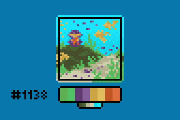Pixel art of a bright underwater scene, with gold and purple fish swimming over a green and seaweed-strewn rock. On that rock, there's a purple clam, whose shell has opened to reveal a small shrimp conducting the undersea traffic.