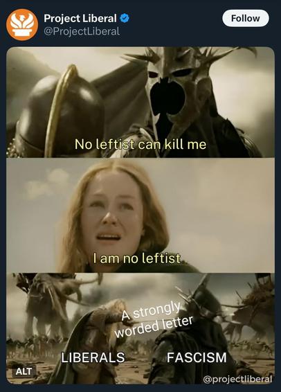 A liberal is stabbing fascism in the face with a strongly worded letter