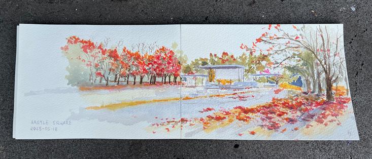 A gouache drawing of autumn foliage. Sunlight casts long shadows. The trees surround a central stage on which people are dancing (a bit vague).