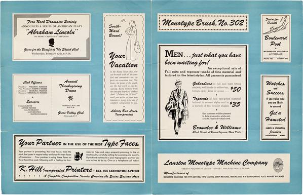 Interior spread of leaflet showing 9 framed examples of Brush in use, mostly for advertisements.