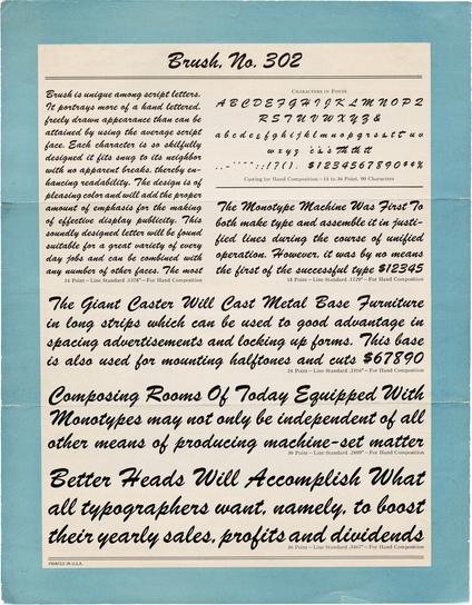 Back side of leaflet showing character set and waterfall samples of the typeface.