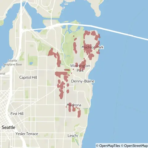A map showing the location of the outage, centered around 32nd Avenue East in the Harrison/Denny–Blaine area.