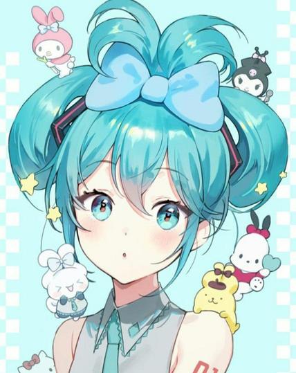 Hatsune Miku, una china estilo animé con color de pelo y de ojos azul petróleo. Tiene el pelo recogido hacia arriba: hay dos mechones de pelo largos a los costados que se unen al centro en la parte superior de la cabeza en un moño grande, mientras las puntas de los mechones se asoman hacia arriba, detrás del moño.

Se ven una especie de animalillos pequeños humanizados sobre sus hombros y sobre su cabeza. Parecerían pequeños conejitos y reflejan ternura.