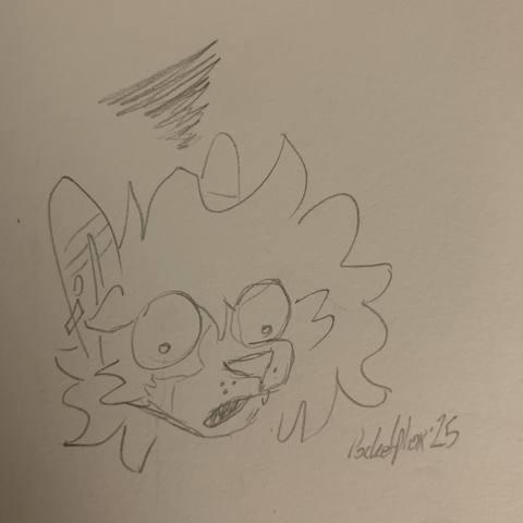 Sketchbook doodle of a very brain fried phox