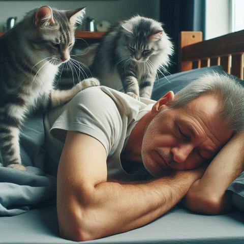 Ein etwa 60 Jahre alter kaukasischer Mann mit kurzen Haaren liegt müde im Bett, während zwei Katzen auf ihm herumtrampeln. Erzeugt mit KI.