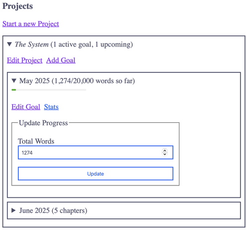 a screenshot form WritingMonth.org showing my new goal of 20000 words in May, and an upcoming goal of five chapters in June.