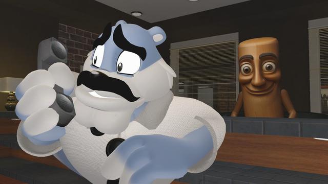 The bartender looks terrified in the presence of a wooden figure.
