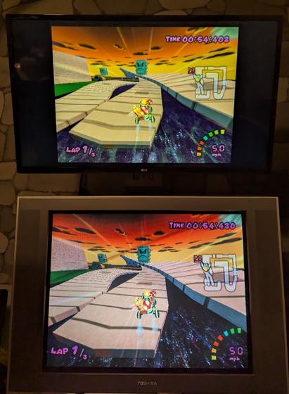 Mario Kart on a CRT and upscaled to an LCD simultaneously