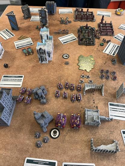 Legion Imperialis Battlefield 


Columns of purple and yellow tanks advancing toward the center of the battlefield. Teal and orange robots approach from the other side.