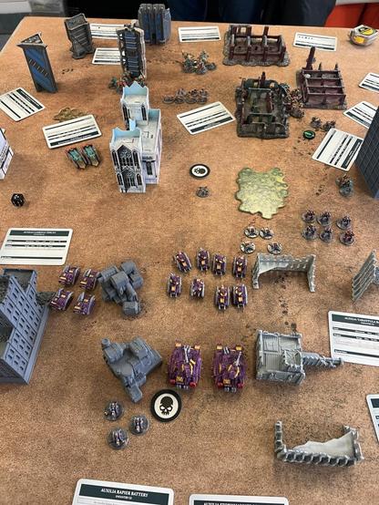 Legion Imperialis Battlefield 


Columns of purple and yellow tanks advancing toward the center of the battlefield. Teal and orange robots approach from the other side.
