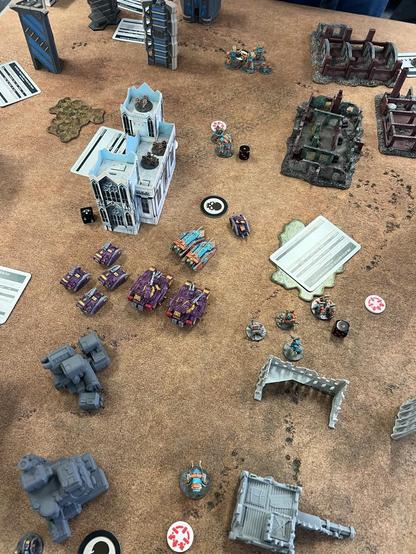 Legion Imperialis Battlefield

Purple and yellow tanks converge on the objective in the center, thallax hold a nearby building, siege robots slowly approaching giving covering fire. Lone empty transport near the center.