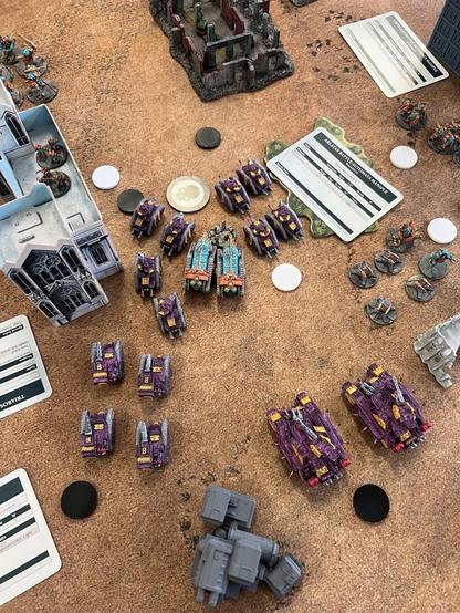 Legion Imperialis Battlefield

Columns of tanks surrounding the transport that it pinning my last infantry stand in melee.