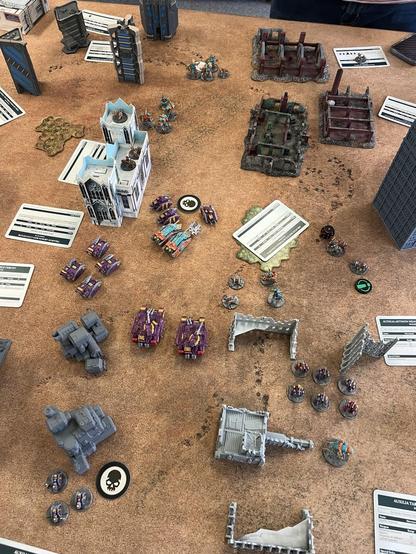 Legion Imperialis Battlefield

Tanks advance on center objective, mechanicum troops hold building and empty transports are in the way.