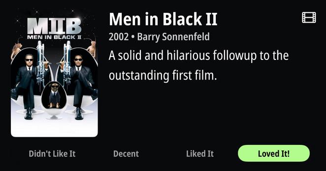 Review for "Men in Black II" (2002) directed by Barry Sonnenfeld. The poster shows two agents in black suits and sunglasses sitting in futuristic white chairs with specialized weapons. A small dog wearing sunglasses and a suit sits in a center egg-shaped chair. A review describes it as, "A solid and hilarious followup to the outstanding first film." Below the poster are rating options: "Didn't Like It," "Decent," "Liked It," and "Loved It!" with the "Loved It!" button highlighted in green.